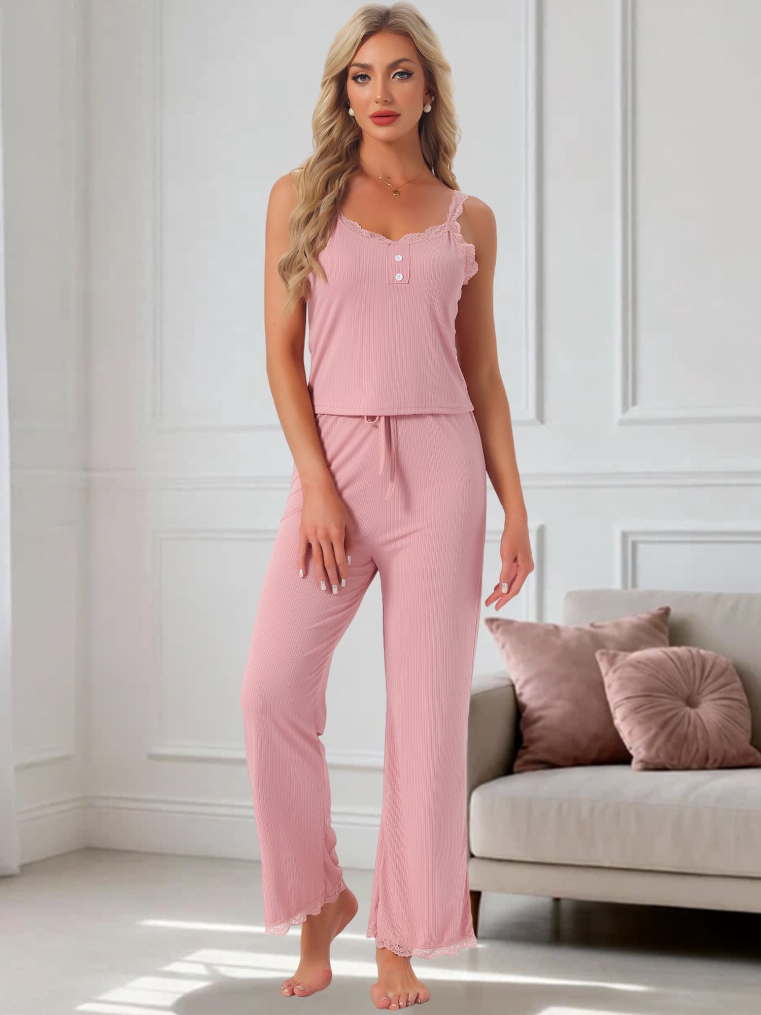 DARING DIVA Women's Pajama Sets Ribbed Knit Lace Tank Shorts Pants Sleepwear S Pink