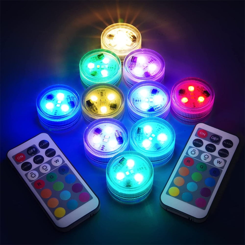 10 Pack Mini Submersible LED Lights with Remote Control Small Underwater Tea Lights Waterproof