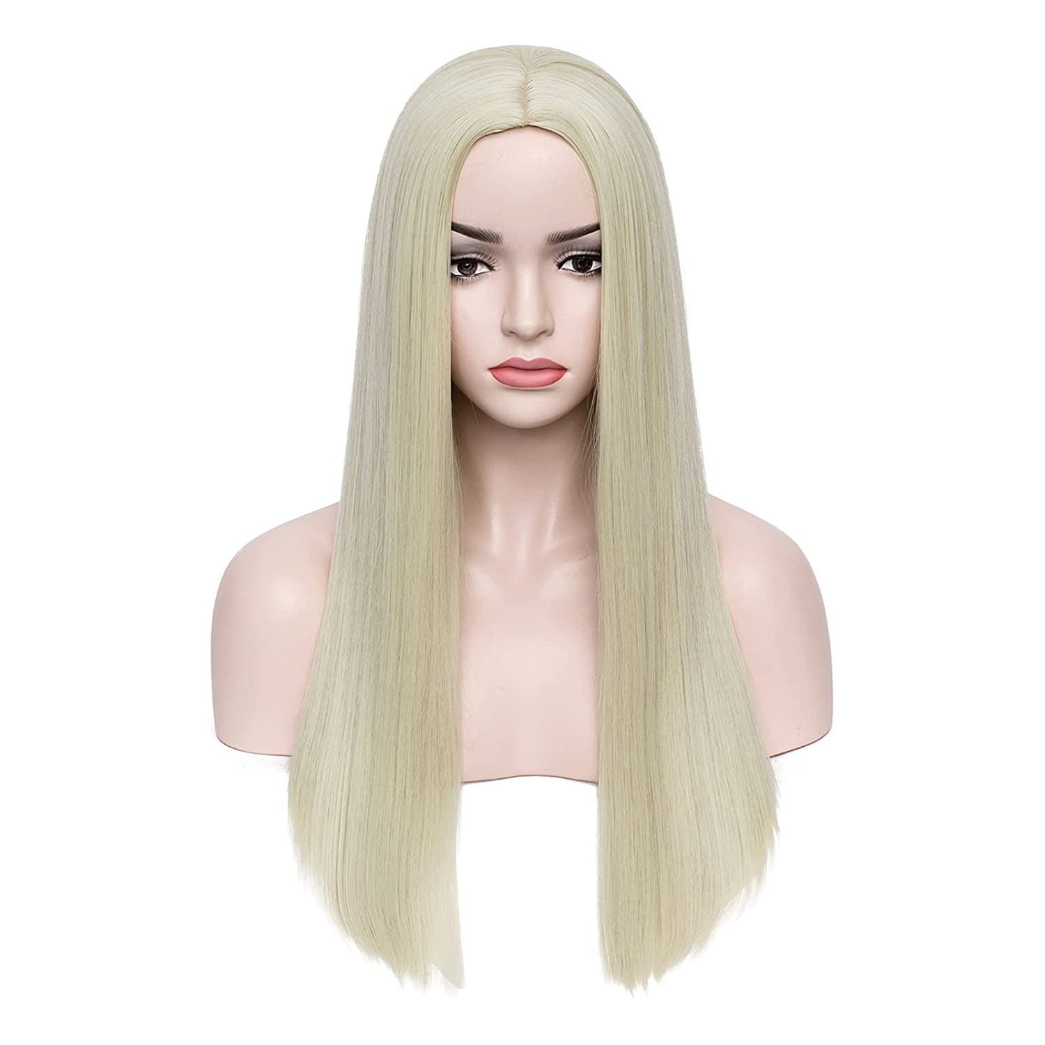 Light Blonde Long Wigs Womens Straight Hair Wig Synthetic Middle Part