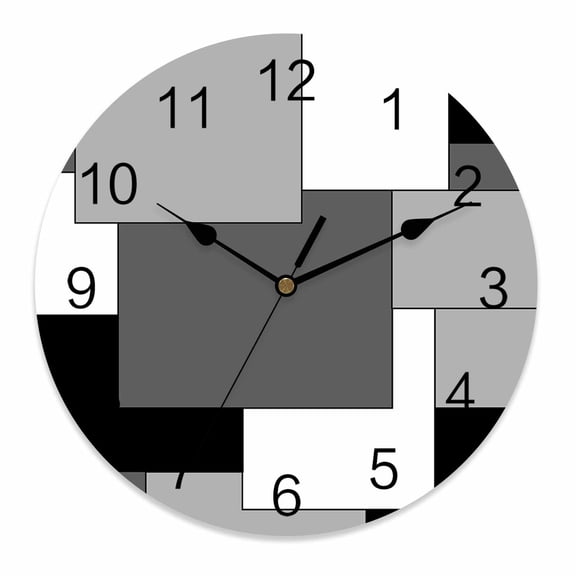 Silent Wall Clocks Battery Operated, Black White Grey Color Block Round Decorative Wall Clock for Living Room Bedroom Kitchen Bathroom Classroom Decor, 10 Inch Abstract Modern Geometric