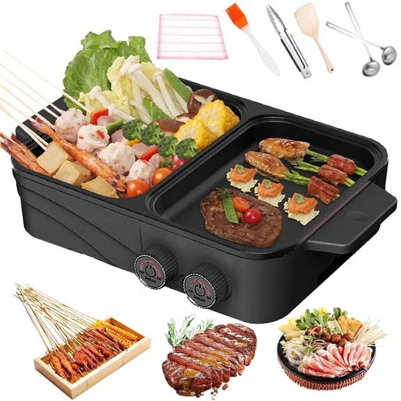 OhhGo Electric Hot Pot with Grill, 2 in 1 Indoor Non-Stick BBQ Grill ...