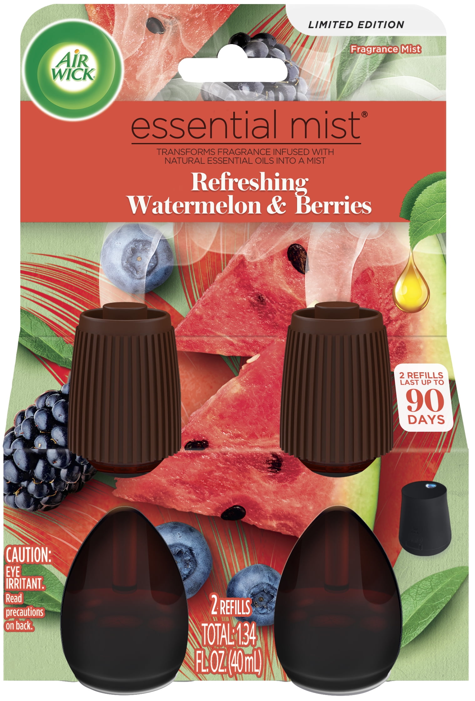 Air Wick Essential Mist Refill, 2ct, Refreshing Watermelon & Berries, Air Freshener, Essential Oils