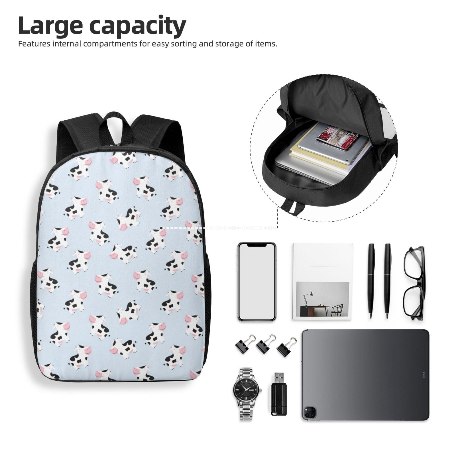 Xecao Cute Farm Cow print Travel Backpack, Large Computer Backpack for Men Women, College School Rucksack Book Bag