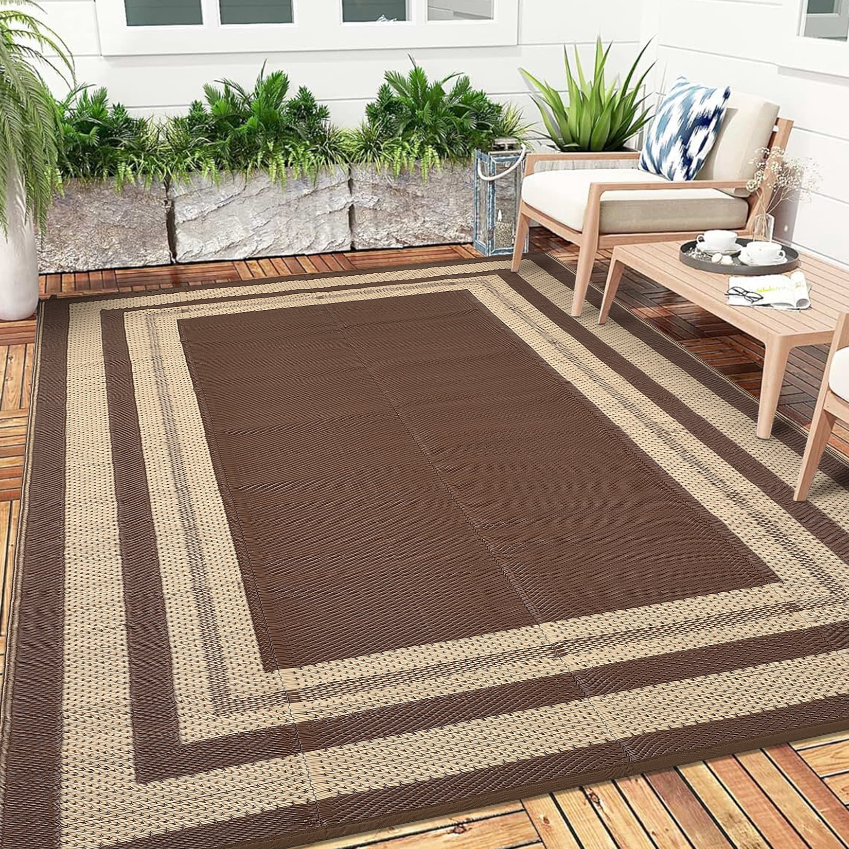 Gavee 9'x12' Waterproof Outdoor Rug, Reversible Patio Area Rug Indoor Outdoor Carpet, Plastic Modern Geometric Carpet for RV Camping Deck Balcony, Porch, Picnic, with Storage Bag, Brown