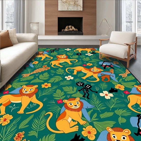 ODIKA 4'x6' Machine Washable Non-Slip Area Rug, Lush Tropical Wildlife Safari Adventure Path High Traffic Rug, Green, 684723