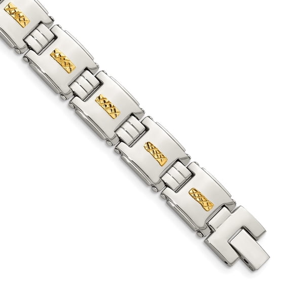 Auriga Fine Jewelry Stainless Steel Polished with Diamond-cut 14k Gold Inlay 8 inch Link Men's Bracelet