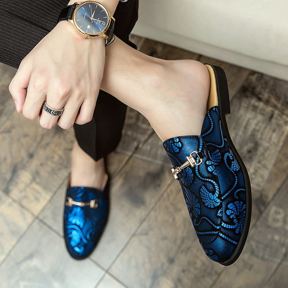 Summer Leather Mule Masculino Loafers Men's Blue Half Shoes Men's Casual Shoes Slippers Flat Mules (25.5cm)