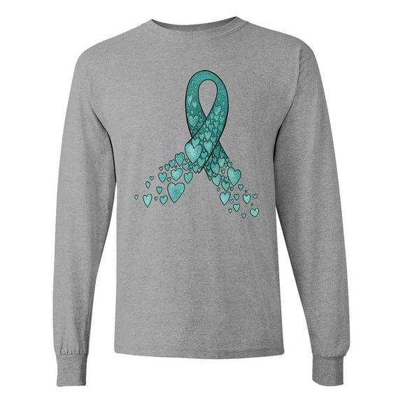 Inktastic Ovarian Cancer Awareness Teal Ribbon Made of Hearts Long Sleeve T-Shirt