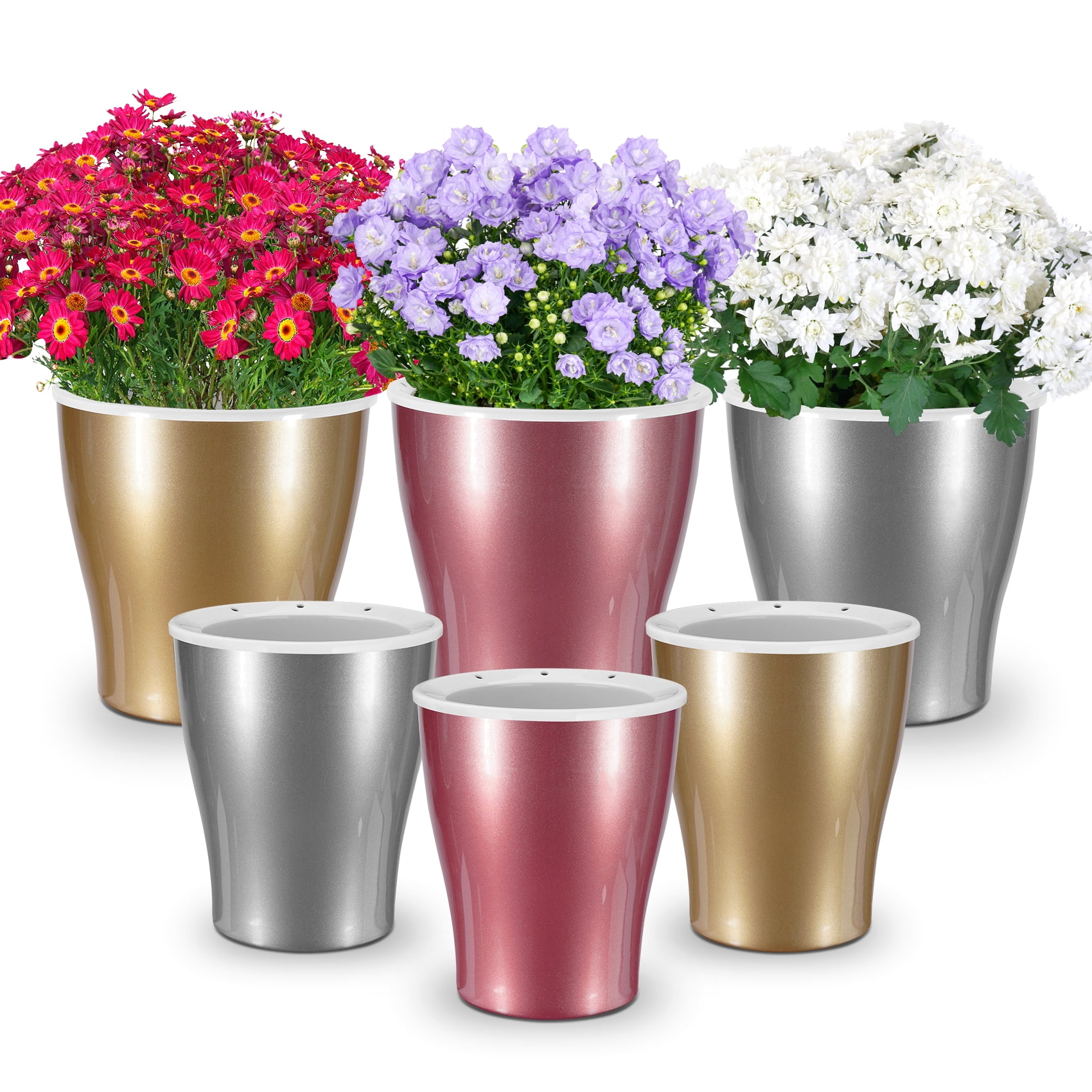 HEMOPLT Self Watering Plant Pots, Pack of 6 Gold/Silver/Rose Gold
