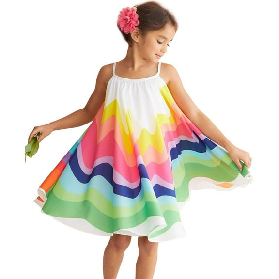 Odeerbi Girls Dress Baby Girls Clothes Toddler Kids Summer Sleeveless Suspender Rainbow Print Princess Dress Multicolor