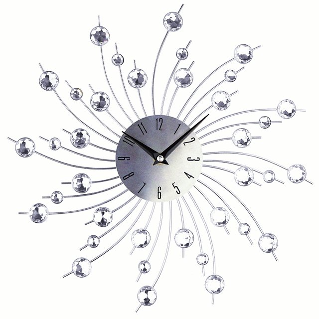 Decorative Clock, Sparkling Bling Metallic Silver Flower-Shaped Wall Clock for Living Room Office