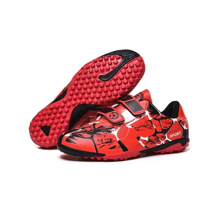 

Ferndule Girls & Boys Breathable Round Toe Soccer Cleats Indoor/Outdoor Lightweight Magic Tape Sneakers Running Football Shoes Red (Broken Nails) 10C