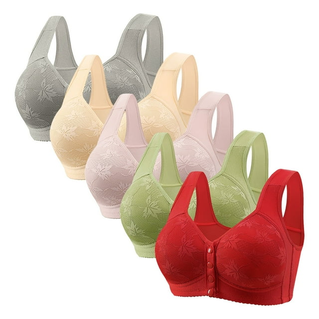 Amzcrzy 5PC Wireless Bras Comfortable Everyday Plus Size Bras Breathable Solid Color Front Closure Bras Supportive Push Up Bras 40