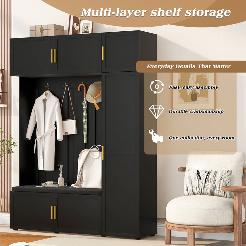 4-in-1 Hall Tree with Padded Bench and Storage Cabinets, Entryway Coat Rack with 4 Hooks and Multi-Tier Storage Shelves, Mudroom Bench Shoe Organizer for Living Room Hallway