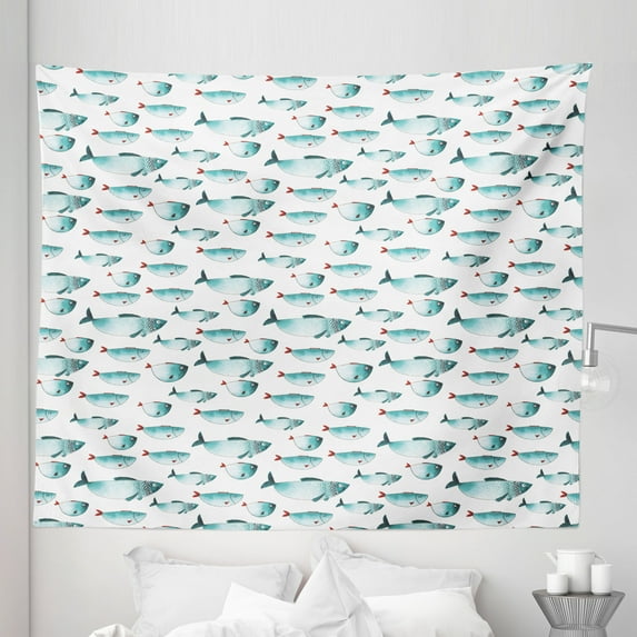 Fish Tapestry, Regular Different Sized Japanese Koi Fish Patterns Ocean Marine Underwater Theme, Fabric Wall Hanging Decor for Bedroom Living Room Dorm, 5 Sizes, Teal, by Ambesonne