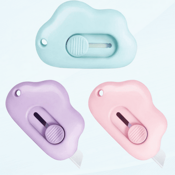 Ceramic Mini Box Cutter Utility Knife,Cloud Retractable Box Opener, Cute Small Little Box Cutters with Keychain Hole, Package Opener Tool for Car Office Work Cardboard -3pcs(Pink Purple Blue)