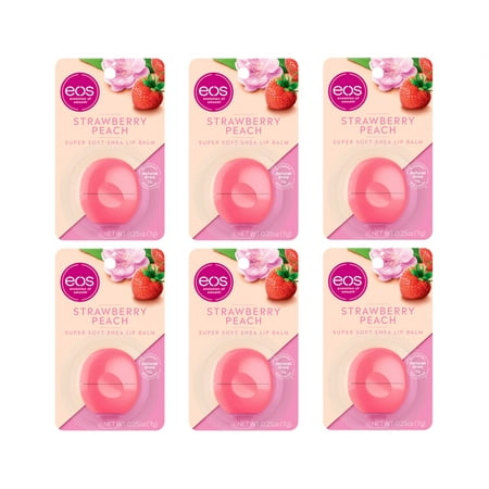 Pack of 6 eos Super Soft Shea Lip Balm Sphere - Strawberry Peach , Moisuturzing Shea Butter for Chapped Lips , 0.25 oz