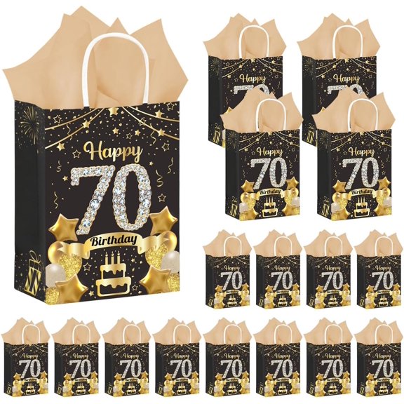 50Pcs 70th Birthday Party Favors Gift Bags Bulk,Black and Gold Happy 70th Gift Candy Wrap Bags with Tissue Paper,Vintage 70th Birthday Decorations Souvenir Bag for Men Women Anniversary Supplies70th