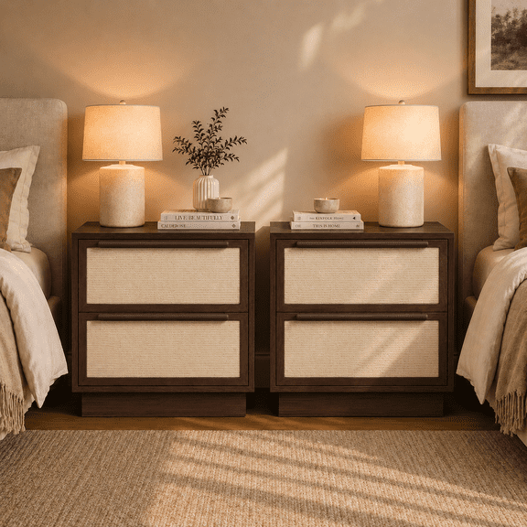 EcoNovi 2 Pack Dark Walnut Nightstand, 2 Drawer Rattan-Look Bedside Table, Matching Storage Cabinet for Bedroom