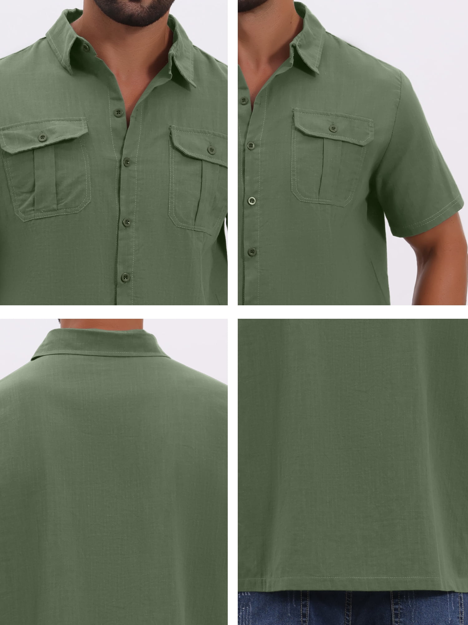 DARING DIVA Men's Solid Color Short Sleeve Button Down Linen Shirt 3XL Olive Green