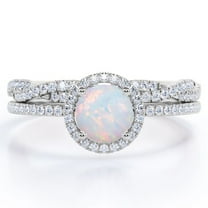 JeenMata Four-Prong Halo Setting 1.5 Carat Round Brilliant Cut Brazilian Opal and Moissanite Pave Infinity Bridal Ring Set in 18K White Gold Plating over Silver