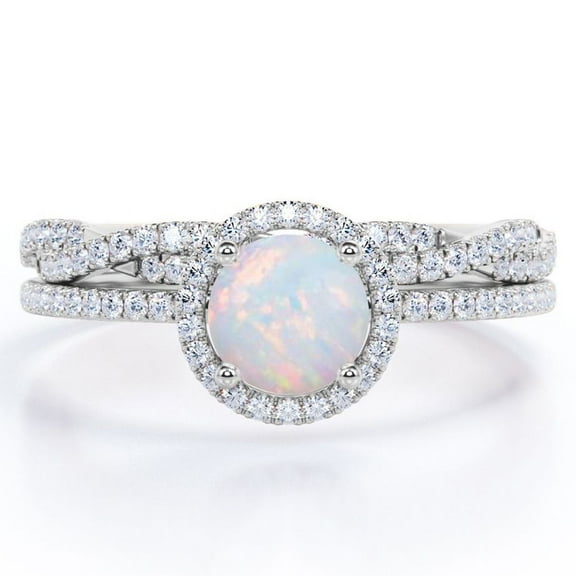 JeenMata Four-Prong Halo Setting 1.5 Carat Round Brilliant Cut Brazilian Opal and Moissanite Pave Infinity Bridal Ring Set in 18K White Gold Plating over Silver