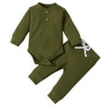 thumbnail image 3 of Pandaie 0-2T Newborn Baby Boy Girl Clothes Button Long Sleeve Romper Bodysuit Pants Set Infant Ribbed Fall Winter Outfits Army Green, 3 of 4