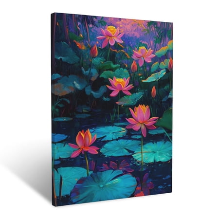 CozyNet Vibrant Scene With Exotic Lotus Flowers And Large Lily Pads Wall Art Prints With Frame Canvas Perfect for Living Room & Bedroom Ready to Hang Wall Decor 12 x16 in