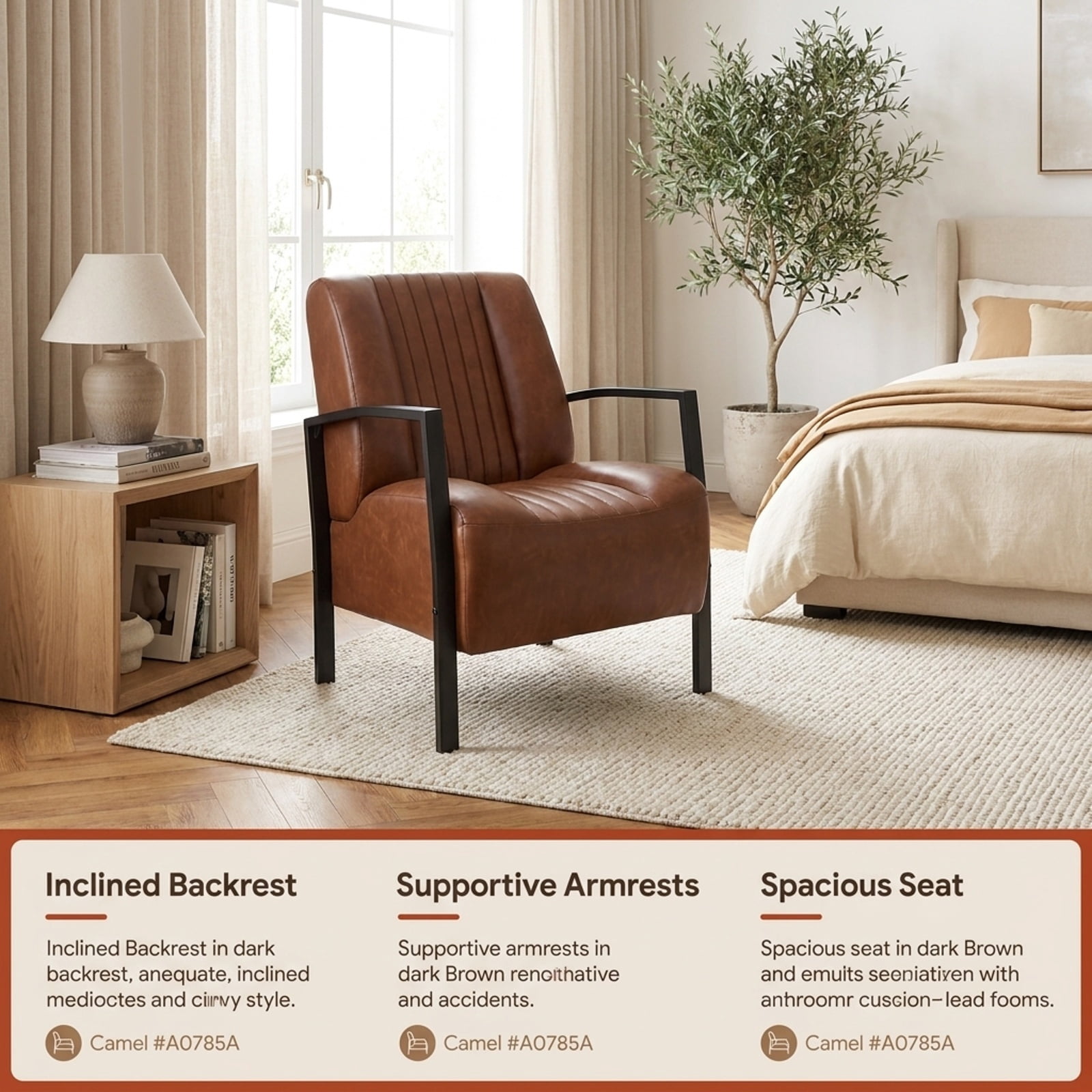 Furnibear PU Leather Upholstered Accent Armchair with Padded Seat and Back Ergonomic Lounge Reading Chair for Living Room Bedroom Office, Brown