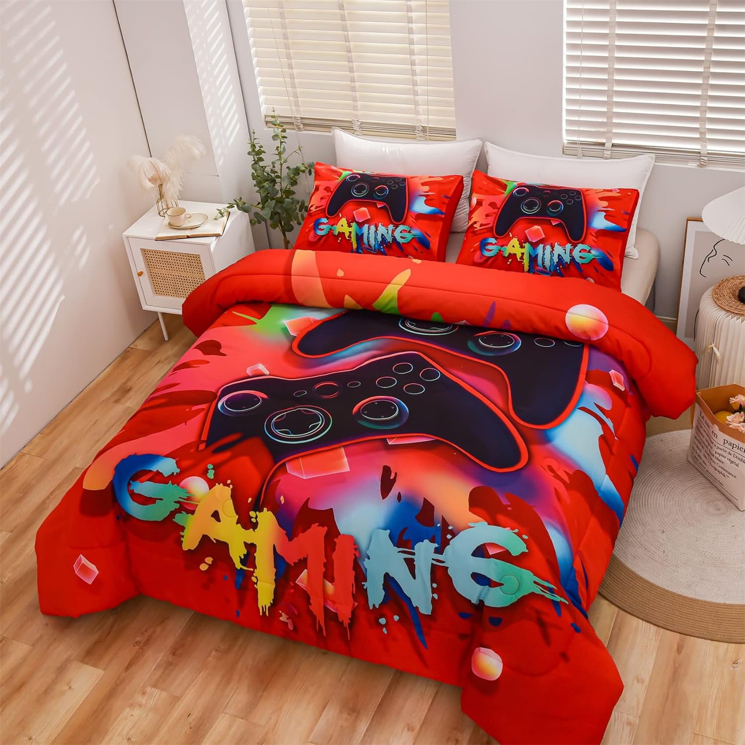 NTBED Red Twin Gaming Comforter Sets for Boys Kids Bedding Sets Colorful Games Console Gamer Quilt Set