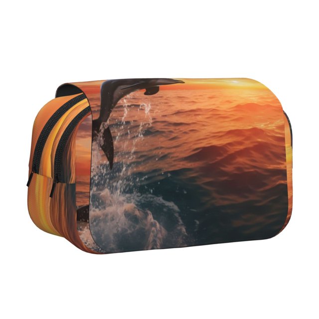 Disketp Sunset Dancing Dolphin B Estuche de Lápices de Doble Capa con Tapa Abatible y Cremallera, Organizador Escolar para Adolescentes y Adultos