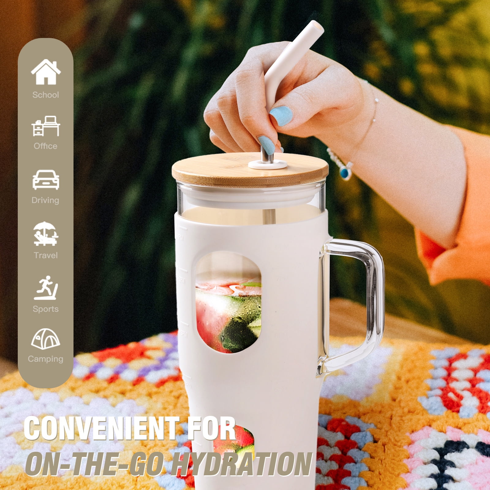 MUKOKO 32 oz Glass Tumbler , Glass Water Bottle with Capacity Marker and Silicone Sleeve, Iced Coffee Drinking Cup with Straw and Lid, Leakproof Suitable for Cup Holders, White