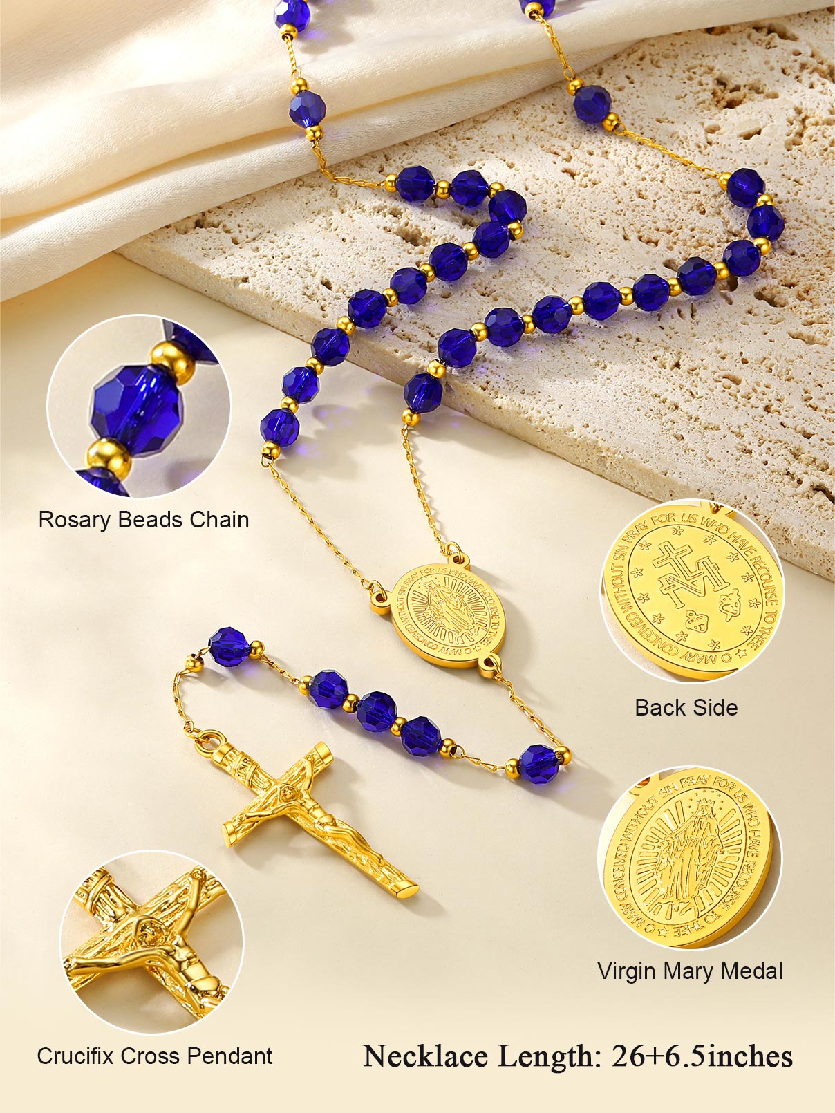 Unisex 26-Inch Stainless Steel Beaded Rosary Necklace – Gold-Plated With Virgin Mary & Jesus Cross, Gift Box Included