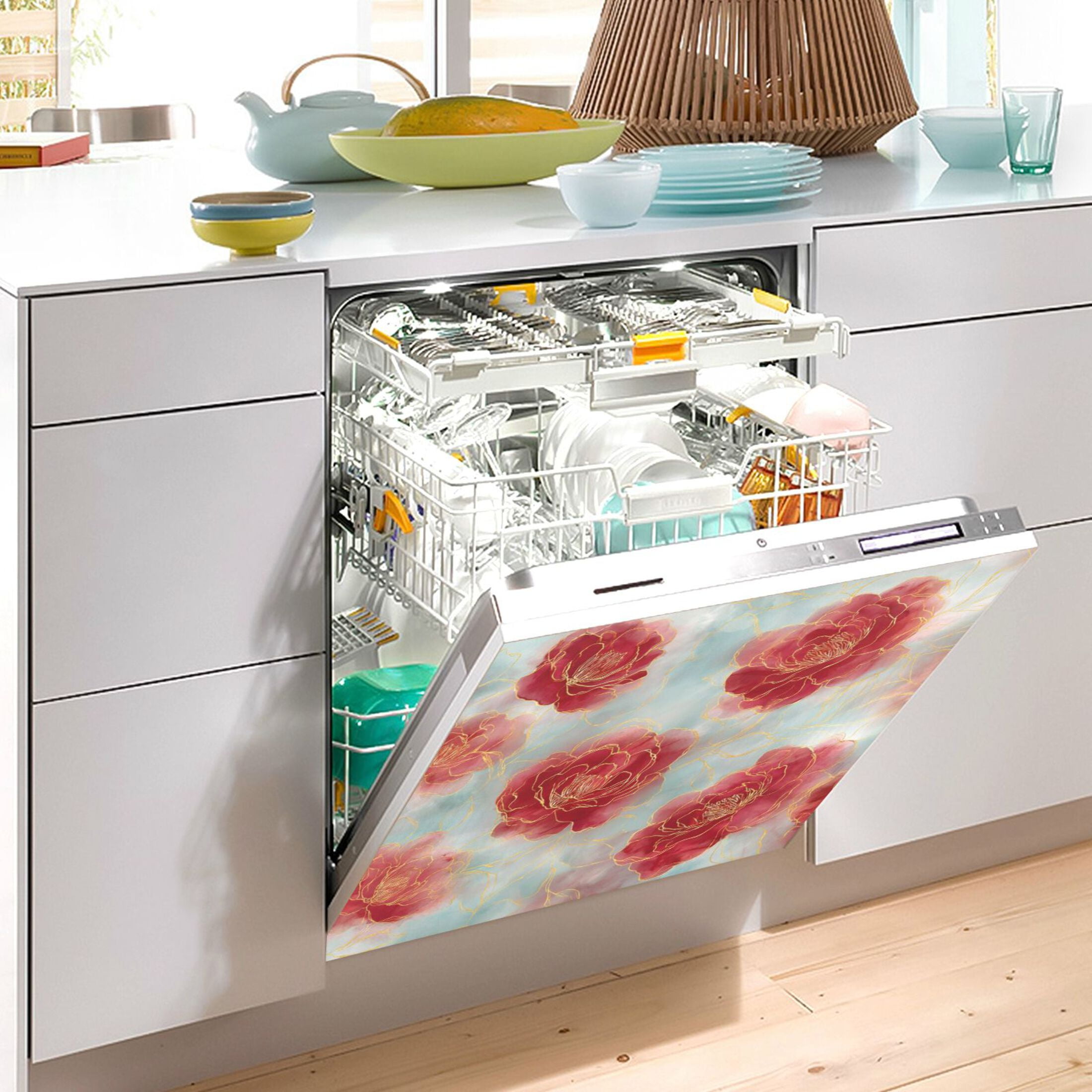 Dishwasher Magnetic Refrigerator Magnet Cover Sticker Home Decorative 23"x26" Rose Petals with Gold Outline