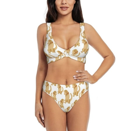 Zeuib Labrador Retriever Dog High Waisted Tummy Control Bikini Set - Knot Front Push Up Top & Cheeky Thong Bottom  Two-Piece Swimsuit for Women-XX-Large