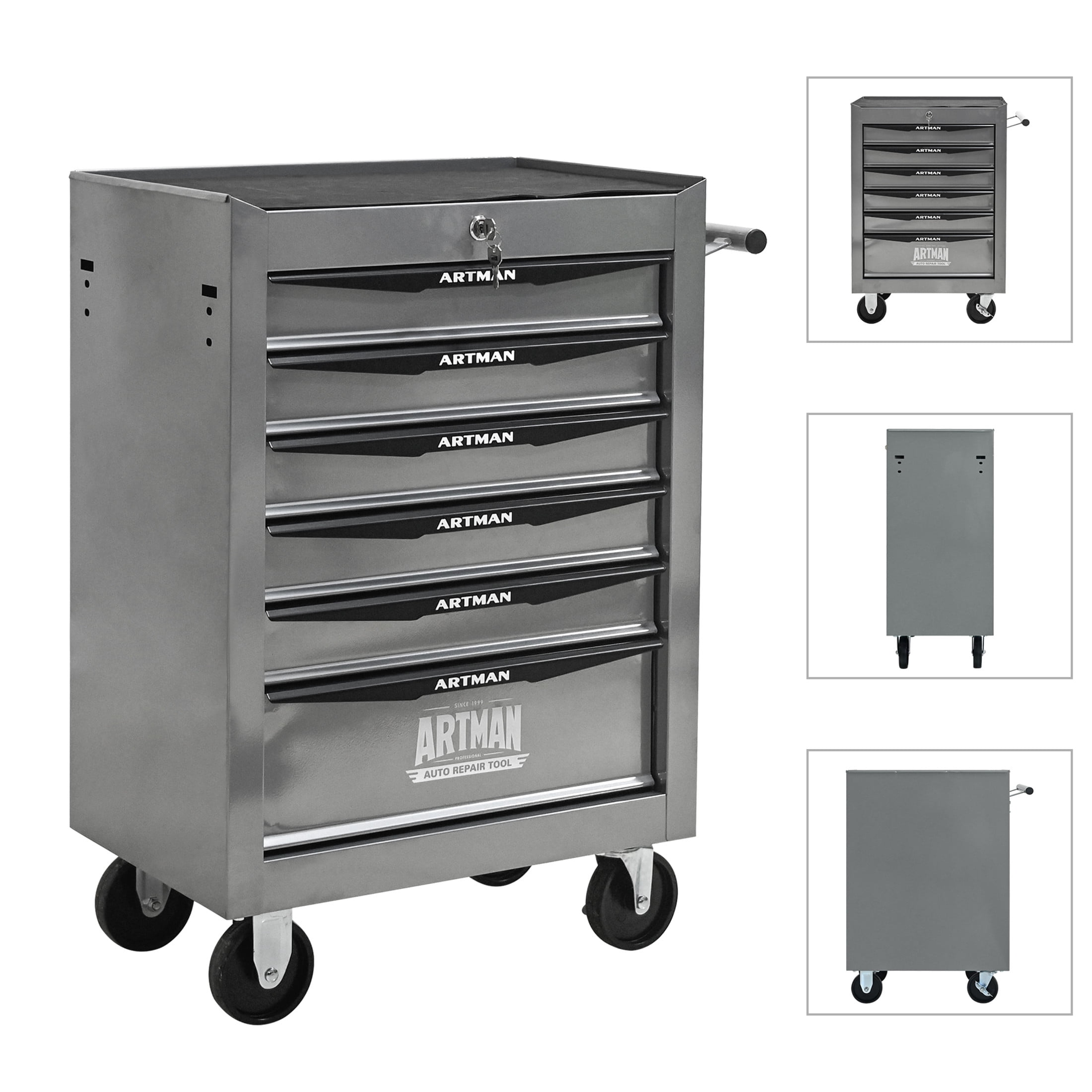 Noble House 6-Drawer Mobile Steel Tool Organizer with Key Lock, Ball Bearing Slide Storage Cabinet Box, Silver