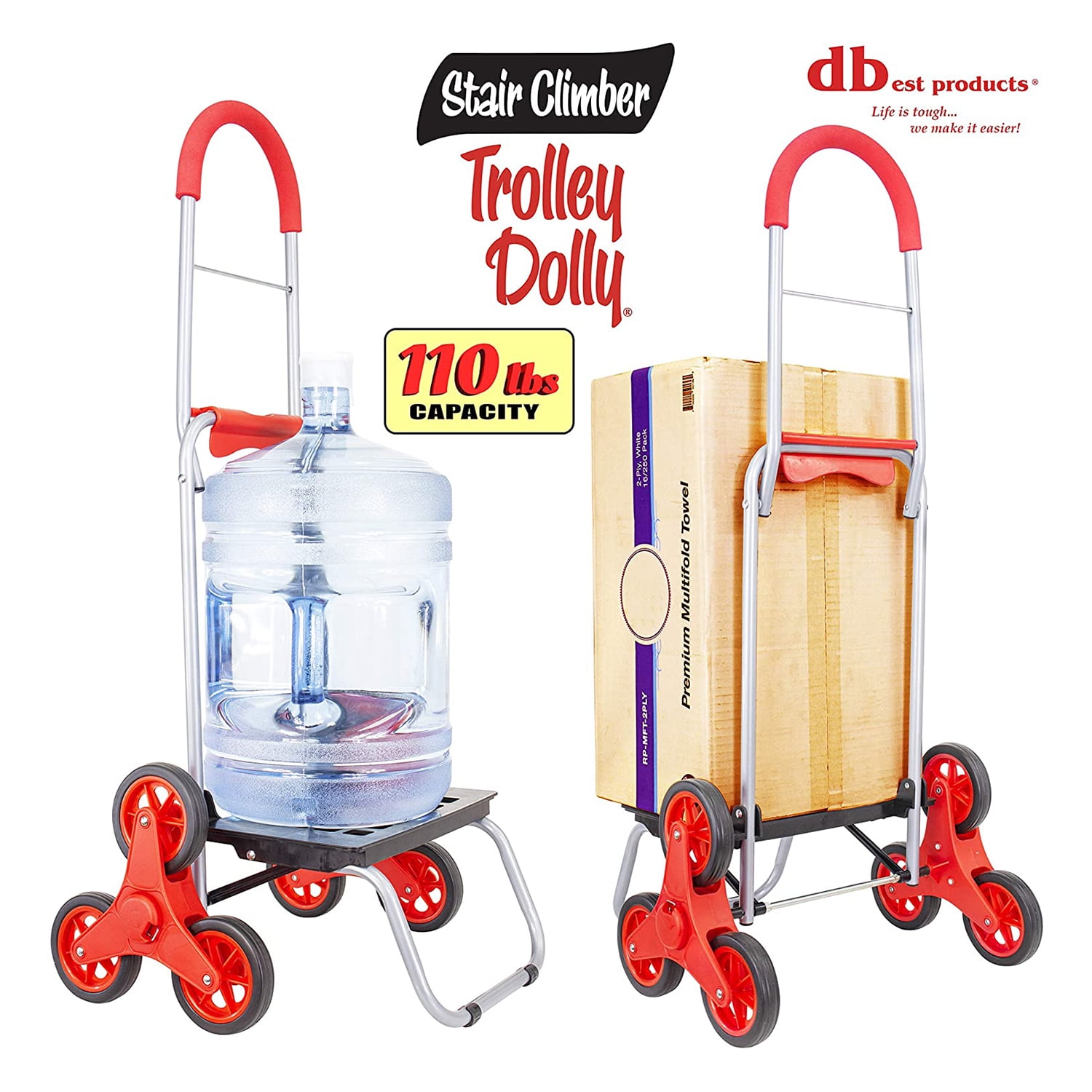 dbest products Stair Climber Bigger Trolley Dolly Shopping Cart Red Shopping Grocery Foldable Cart Condo Apartment 