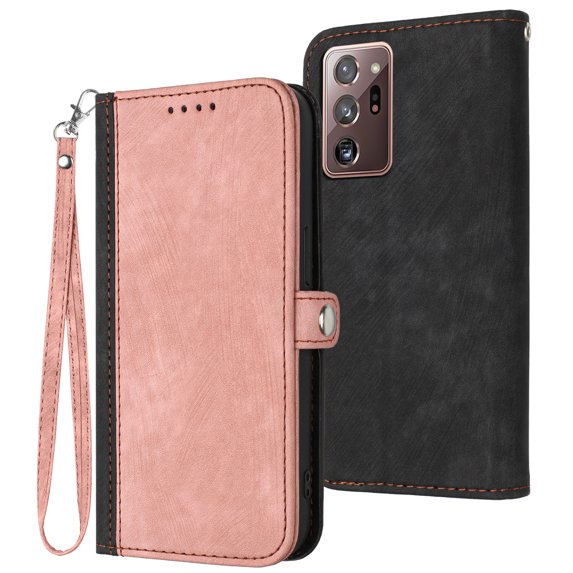 Nalacover Case for Samsung Galaxy Note 20 Ultra Wallet Case with Luxury PU Leather Wrist Strap Handbag Flip Cover, Magnetic Soft TPU Shockproof Protective Kickstand Card Slots Case,Pink
