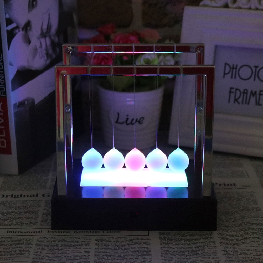 LED Newton's Cradle Balance Balls Toy - Colorful Light-Up Desk Decor, Educational Science Gadget, 12x9x12cm, Requires 4 AA Batteries (Not Included)