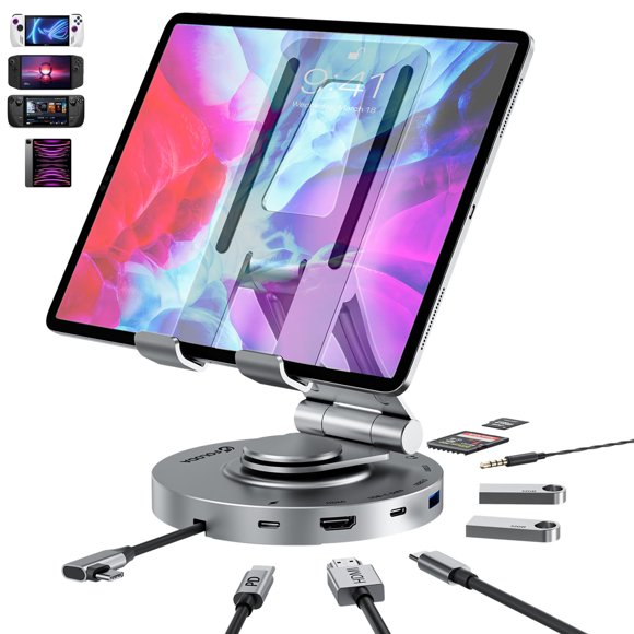 Concentrador Usb C Para Estación De Acoplamiento Ipad Pro Foloda Soporte Plegable Giratorio Para Tableta Tipo C 8 En 1 Con Puerto De Datos Hdmi 4K Usb C 3.0 2*Usb A 3.0 Carga Pd De 100 W Auxiliar De 3