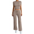thumbnail image 3 of Busydd Workout Sets for Women Round Neck Short Sleeve Crop Tops and Straight Leg Pants Casual Athlete Solid Color Womens Two Piece Sets XL, 3 of 7