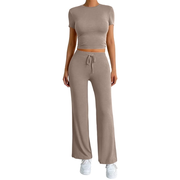 Bosfbaoi Two Piece Sets for Women Crew Neck Short Sleeve Crop Top and Drawstring Elastic Waist Straight Leg Pants Casual Womens Summer Outfits