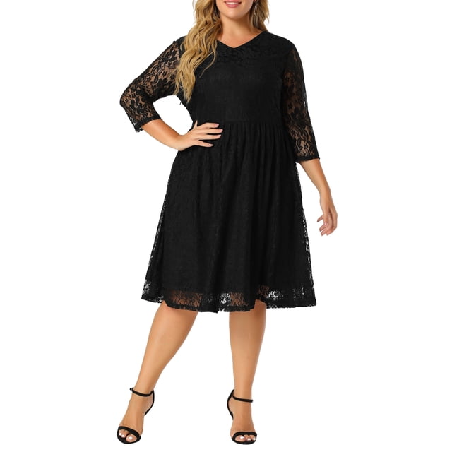 Vestido de talla grande para mujer, elegante, hasta la rodilla, sexy, con bordado floral, vestidos de encaje Negro 3X Unique Bargains Vestido