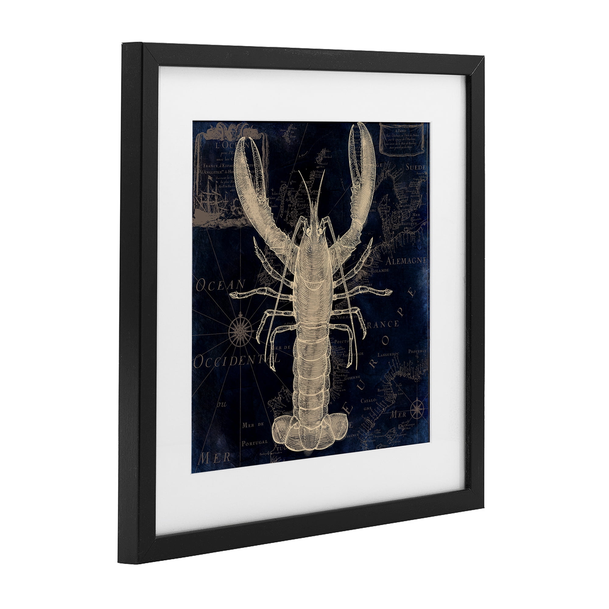 Lobster Contour over Map Black Framed Print Under Glass, design by Sasha