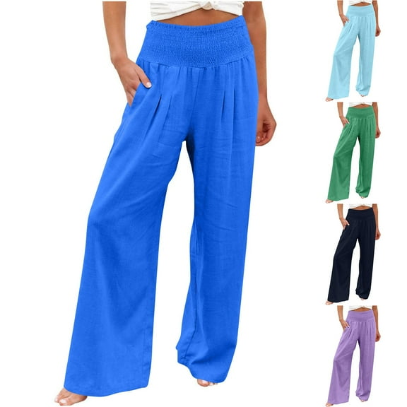 Aboser Womens Cotton Linen Palazzo Pants with Pockets Smocked High Waisted Pants Loose Fit Beach Lounge Pants Flowy Wide Leg Travel Trousers Blue L