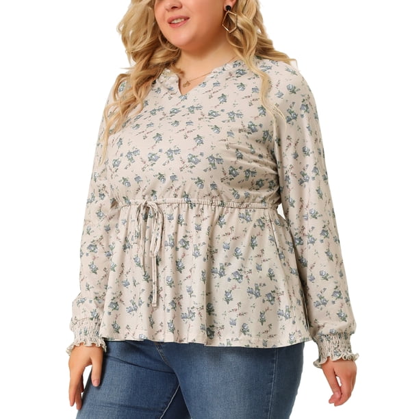 Blusas de talla grande para mujer, cuello con volantes, cordón, cintura, manga larga, peplum, tops Albaricoque 4X Unique Bargains Blusa