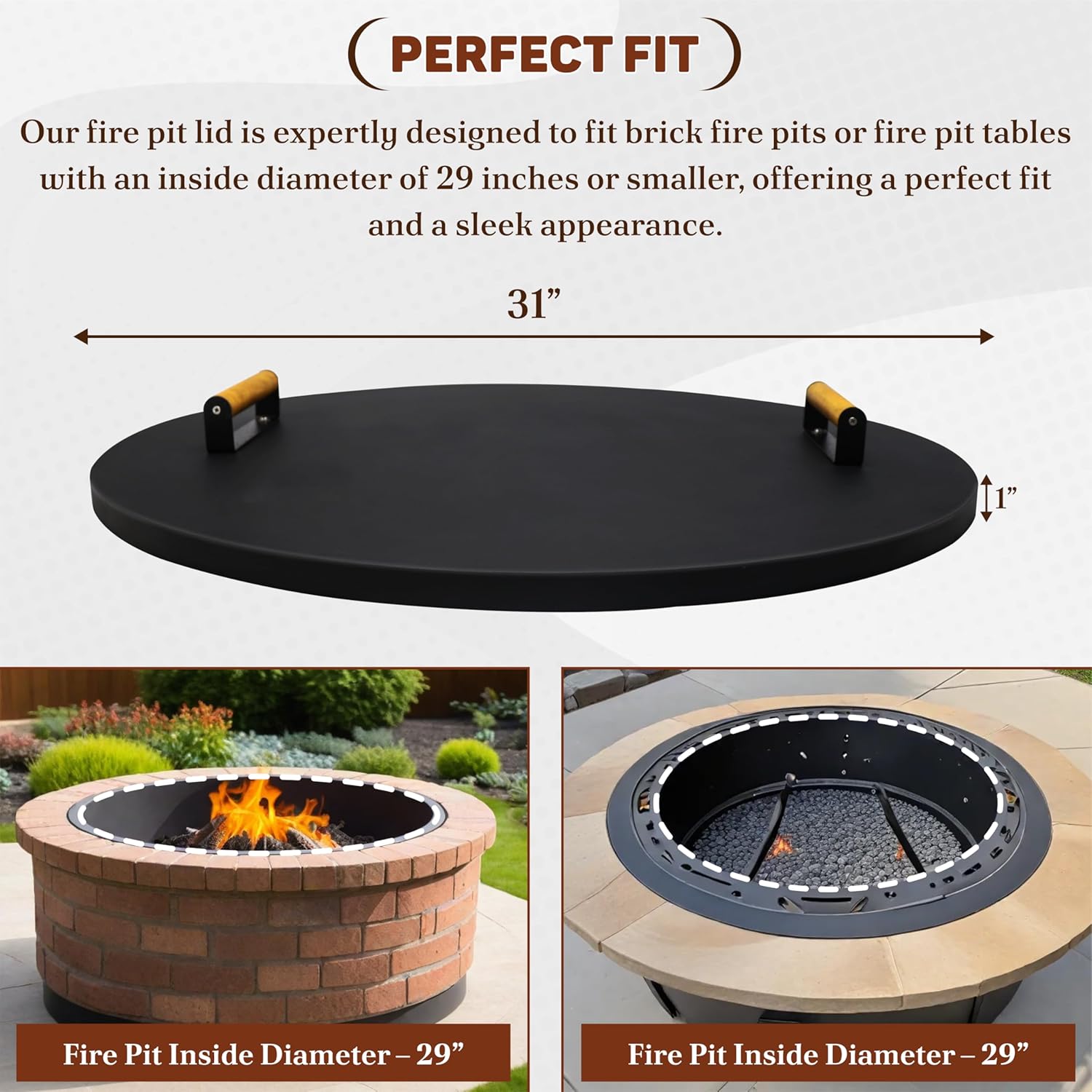 FEBTECH 31 inch Round Fire Pit Cover with Heat Resistant Coating Perfect for Fire Pit Inside up to 29 Inches