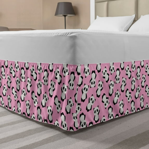 Panda Bed Skirt, Continuous Waving Greeting Panda Bear Asian Animal Bambus Lover Print, Elastic Bedskirt Dust Ruffle Wrap Around for Bedding Decor, 4 Sizes, Baby Pink Charcoal Grey, by Ambesonne
