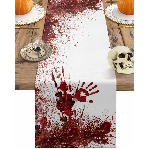Table Runner Dresser Scarves 36 Inch Long,Halloween Horror Bloody Handprint Linen Dining Table Runners Red Blood White Tabletop Scarf for Wedding Holiday Party Kitchen