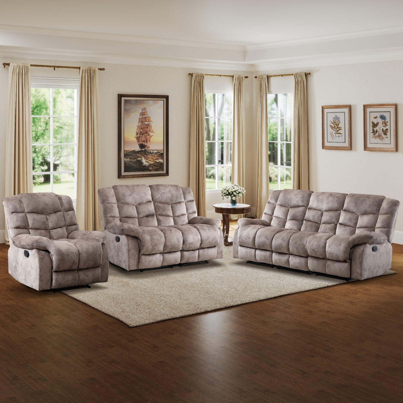 Bonzy Home Manual Reclining Living Room Furniture Set, Adjustable Backrest Chair, Loveseat & 3-Seat Sofa Couch for Home Interior Use